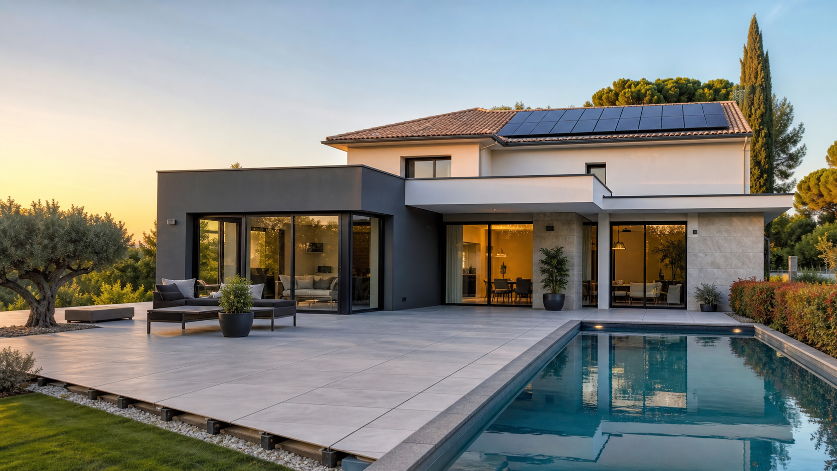 Maison contemporaine MAYEMBO avec panneaux photovoltaïques, terrasse sur plots et piscine